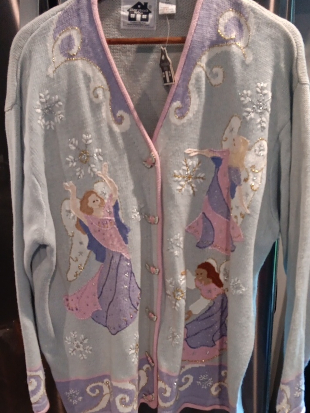 Storybook Knits Pastel Blue Angel Embroidered Cardigan with Pink Trim